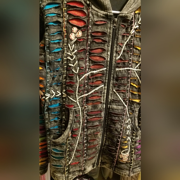 ⚠️DONATING 11/24⚠️Boho Nepalese Handmade Ripped Dyed Hooded Sweatshirt - Picture 3 of 10